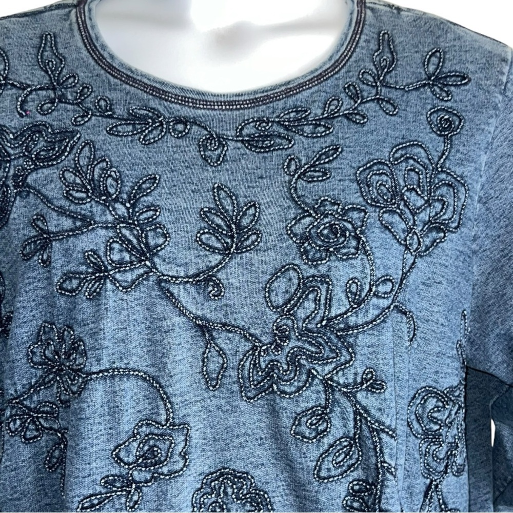 Coldwater Creek Knit Shirt Sz 2x Denim Blue & Black Embroidered Flowers Cotton - Picture 3 of 7
